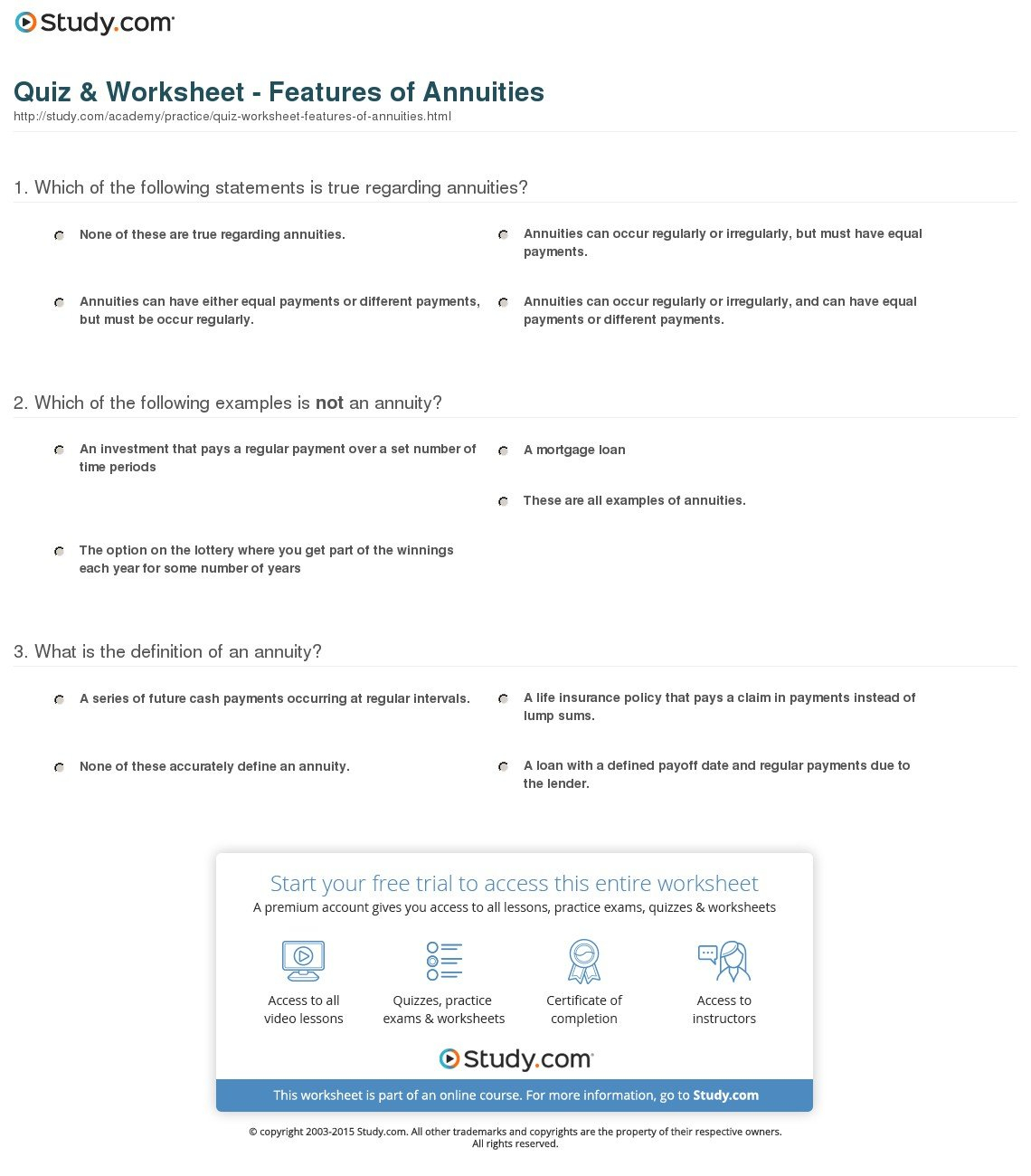 Quiz  Worksheet  Features Of Annuities  Study Also Annuity Worksheet