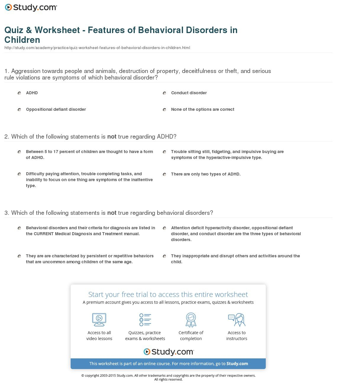 Quiz  Worksheet  Features Of Behavioral Disorders In Children Inside Therapy Worksheets For Oppositional Defiant Disorder