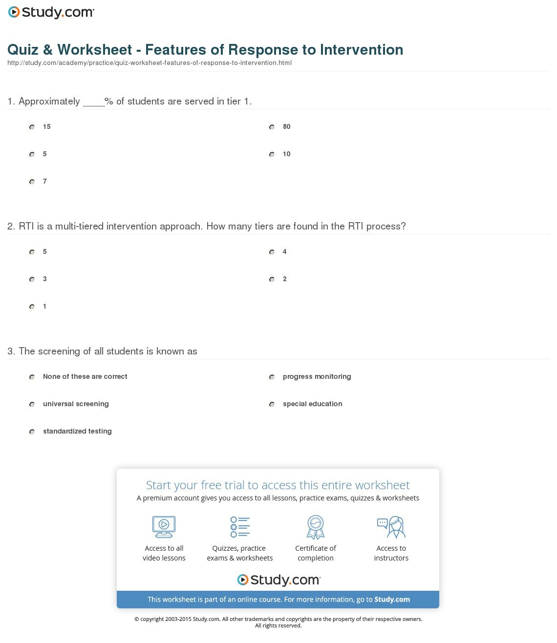 Quiz  Worksheet  Features Of Response To Intervention  Study Pertaining To Rti Math Intervention Worksheets