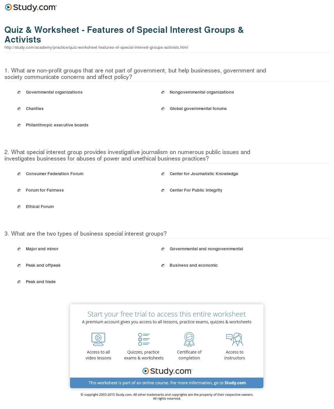 Quiz  Worksheet  Features Of Special Interest Groups  Activists With Interest Groups Worksheet Answers
