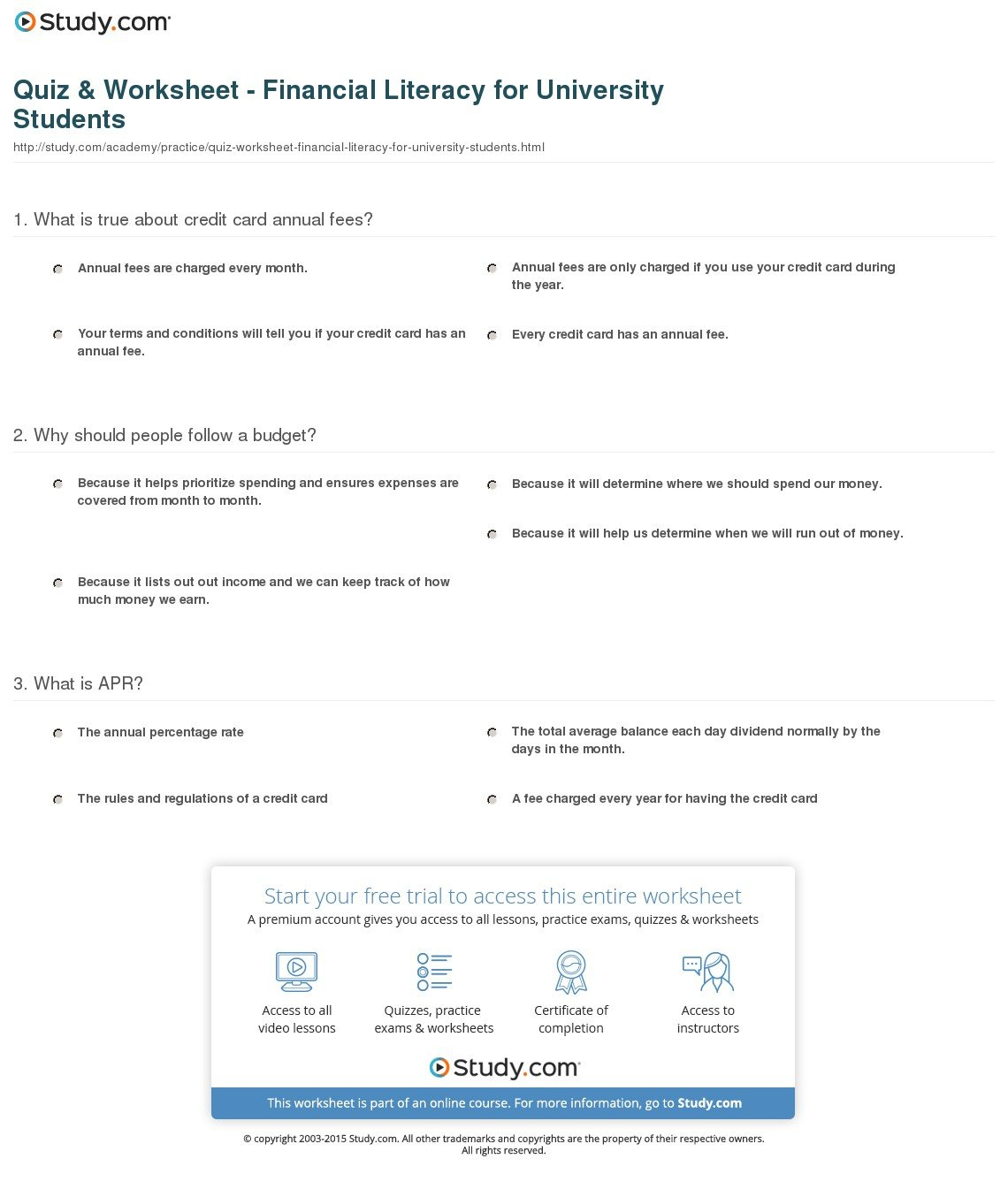 Quiz  Worksheet  Financial Literacy For University Students In Financial Literacy Worksheets