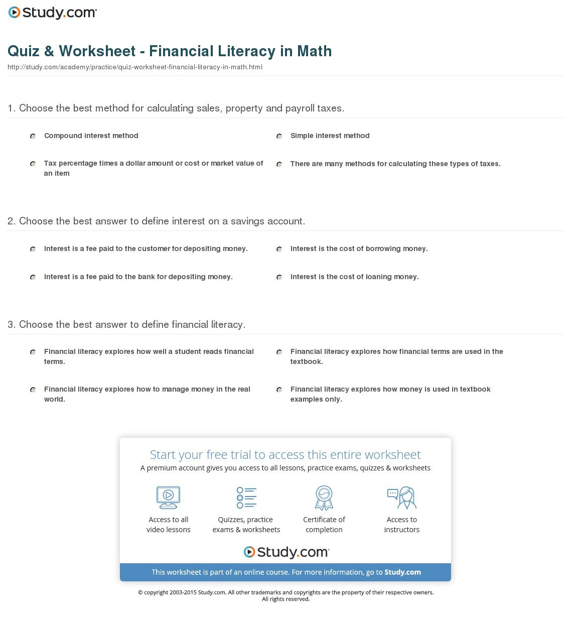 Quiz  Worksheet  Financial Literacy In Math  Study As Well As Financial Literacy Worksheets