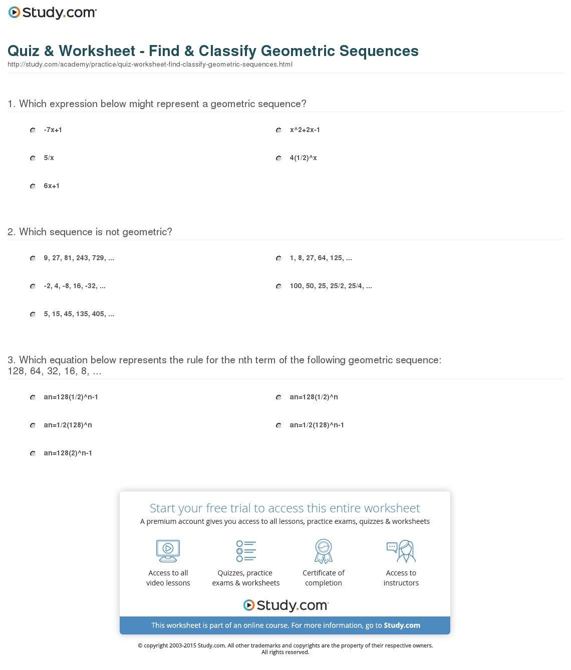 Quiz  Worksheet  Find  Classify Geometric Sequences  Study With Regard To Geometric Sequence Worksheet