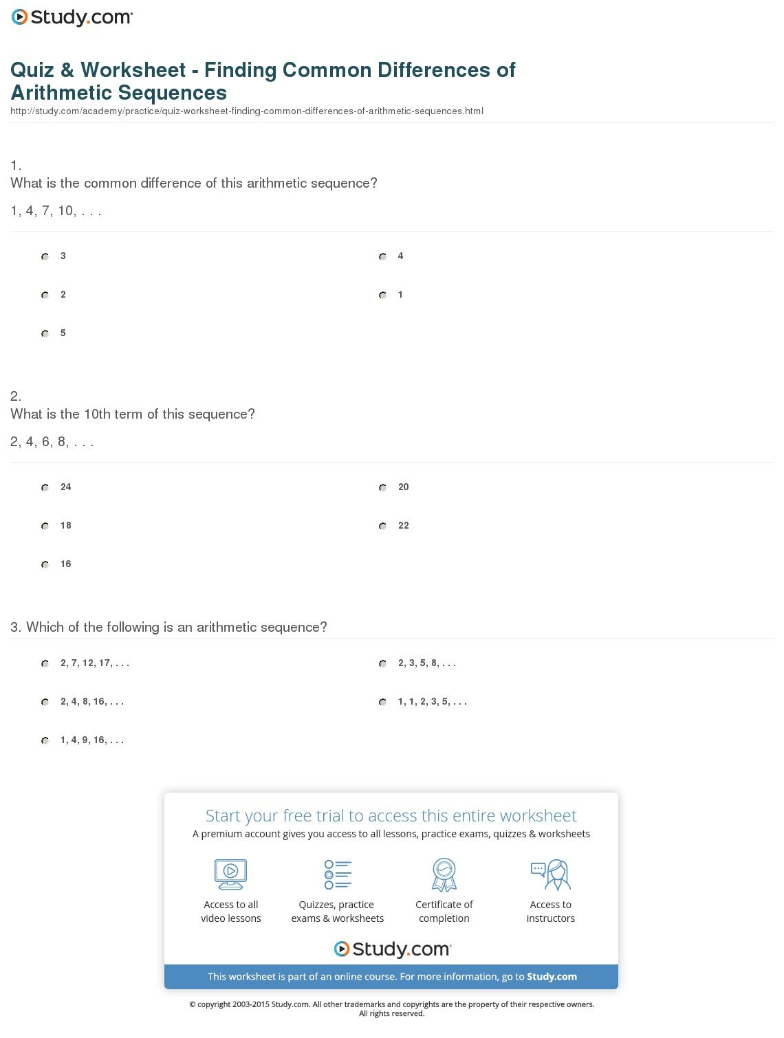 Quiz  Worksheet  Finding Common Differences Of Arithmetic Regarding Arithmetic Sequence Practice Worksheet