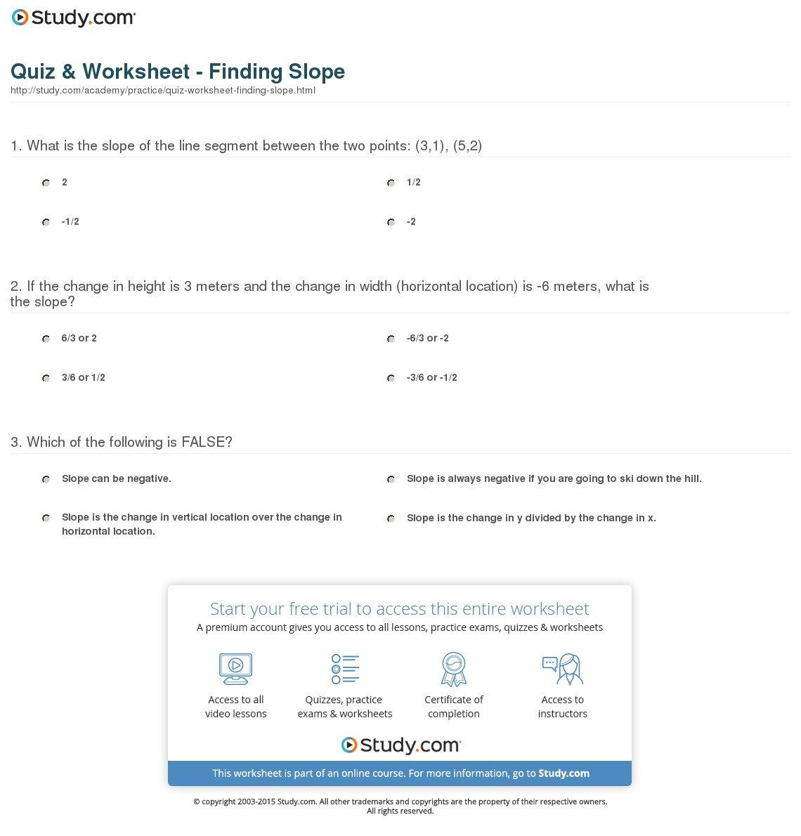 Quiz  Worksheet  Finding Slope  Study Also Slope Formula Worksheet