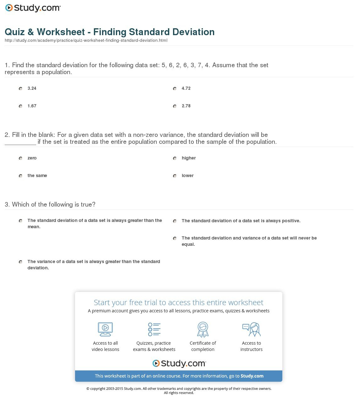 Quiz  Worksheet  Finding Standard Deviation  Study Inside Standard Deviation Worksheet Answers