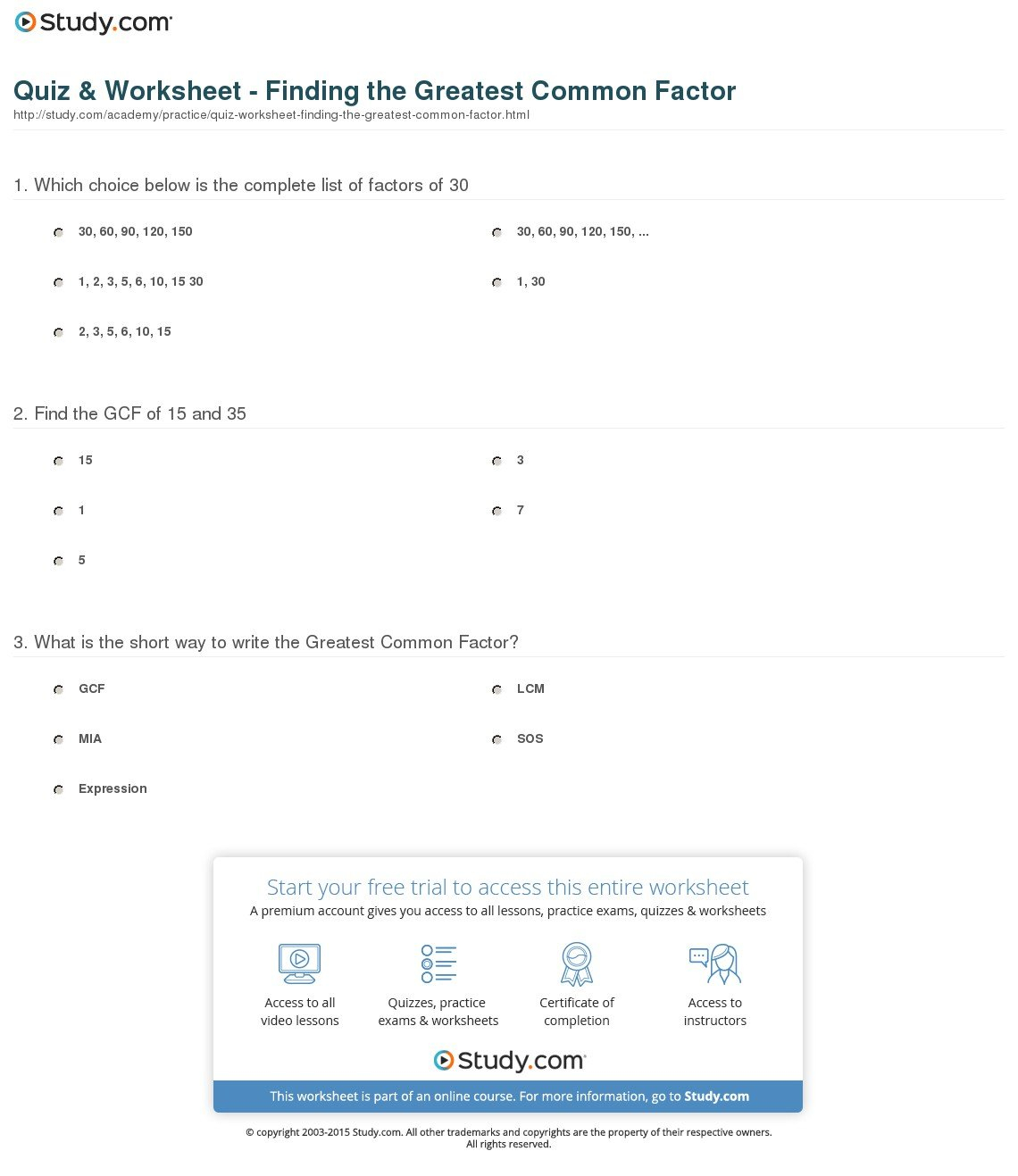 Quiz  Worksheet  Finding The Greatest Common Factor  Study With Greatest Common Factor Worksheet Answer Key