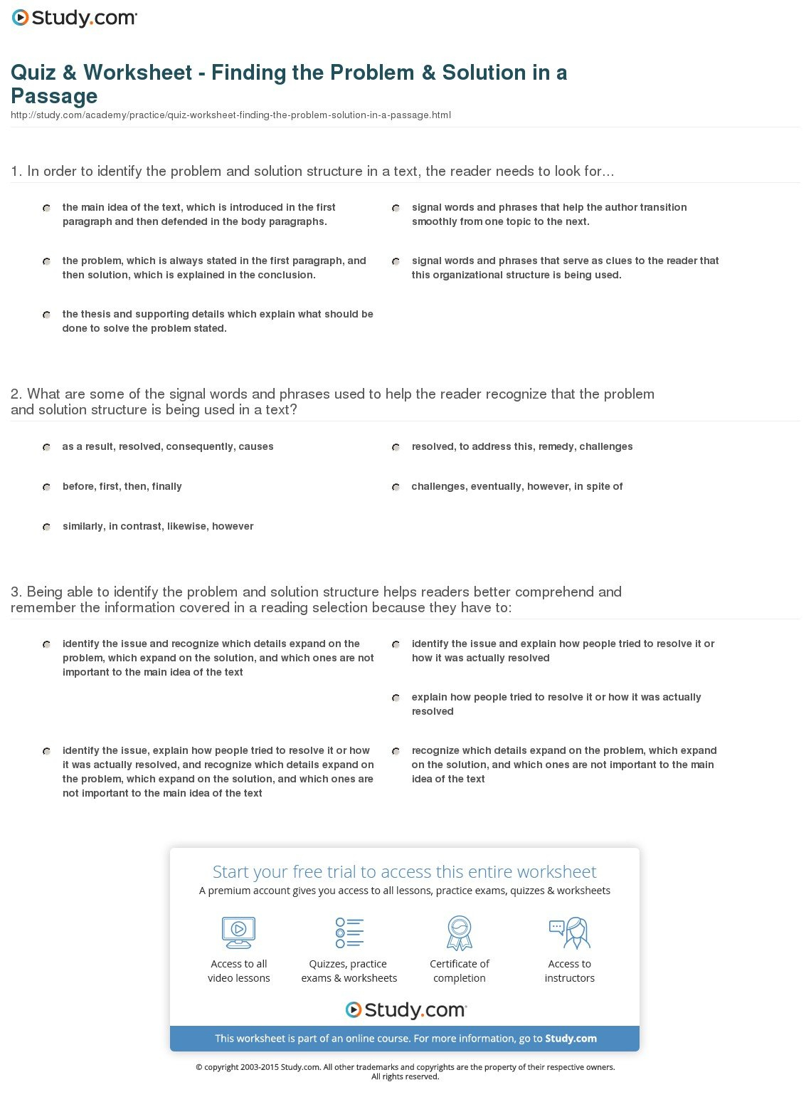 Quiz  Worksheet  Finding The Problem  Solution In A Passage For Problem And Solution Worksheets