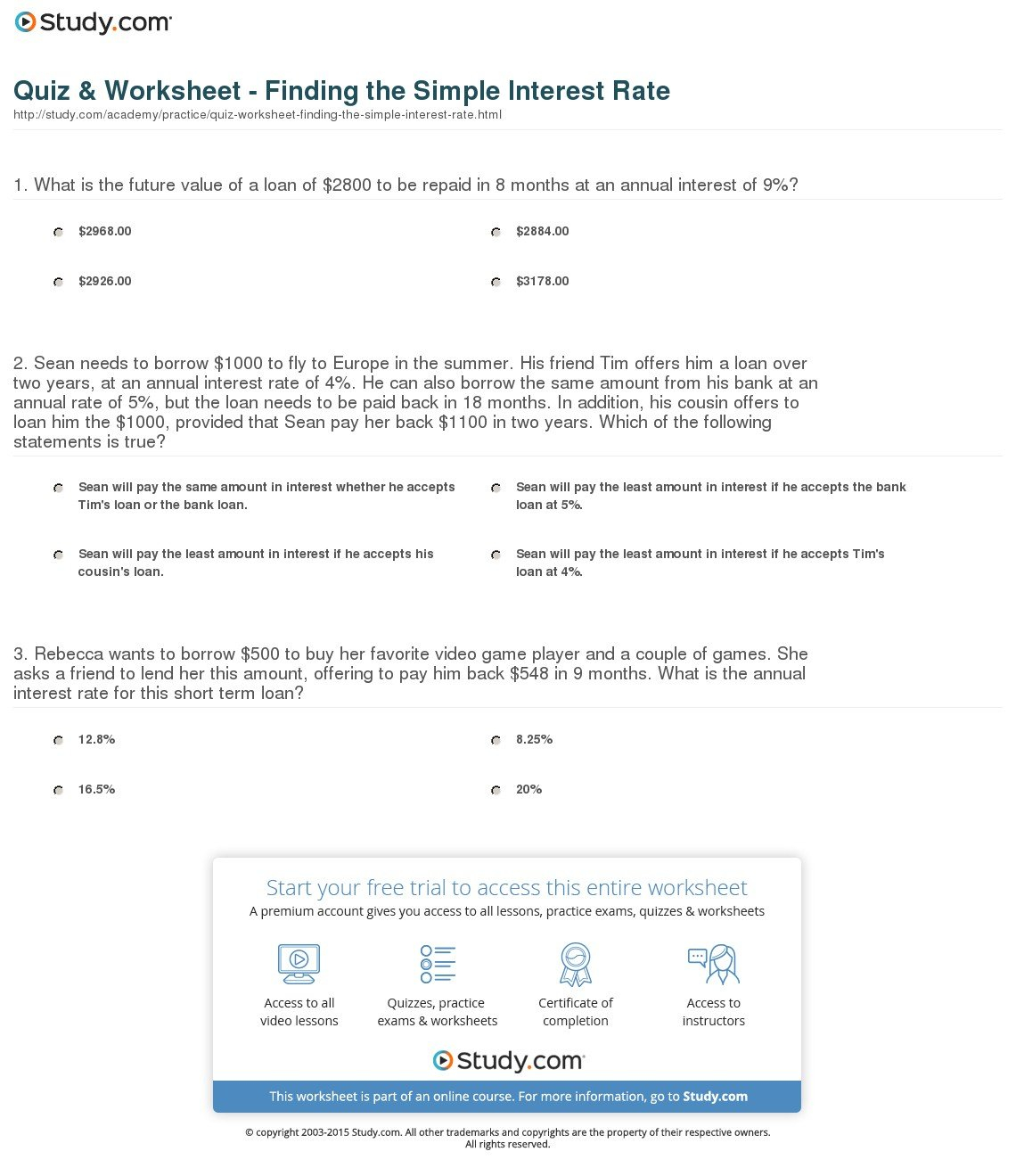 Quiz  Worksheet  Finding The Simple Interest Rate  Study Together With Simple Interest Worksheet