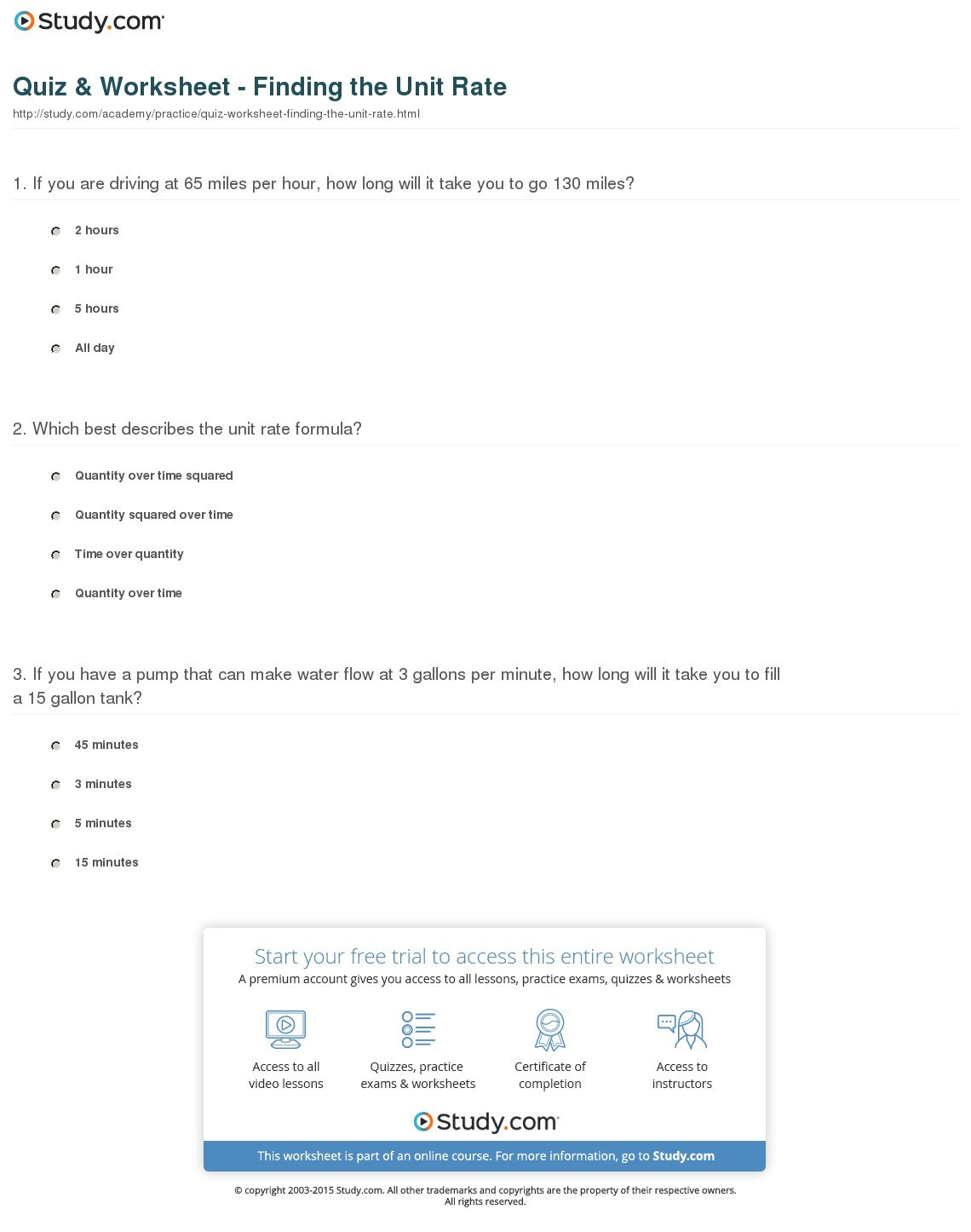 Quiz  Worksheet  Finding The Unit Rate  Study Pertaining To Unit Rate Worksheet 7Th Grade