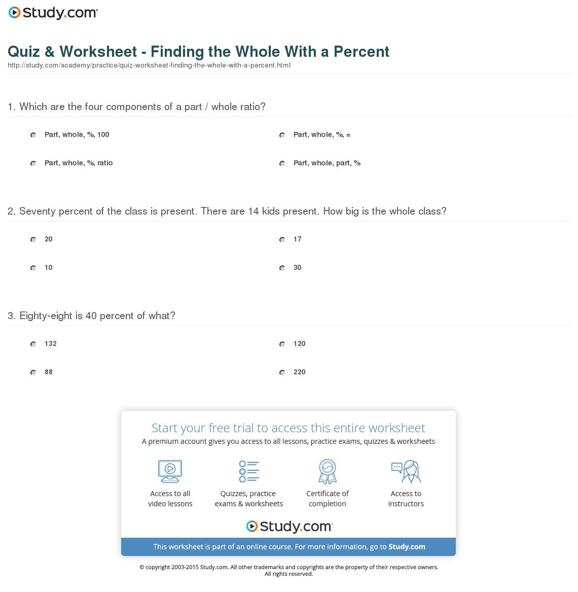Quiz  Worksheet  Finding The Whole With A Percent  Study With Regard To Percent Worksheets Grade 7