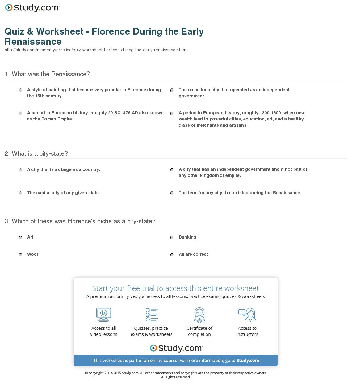 Quiz  Worksheet  Florence During The Early Renaissance  Study Along With The Renaissance In Europe Worksheet Answers