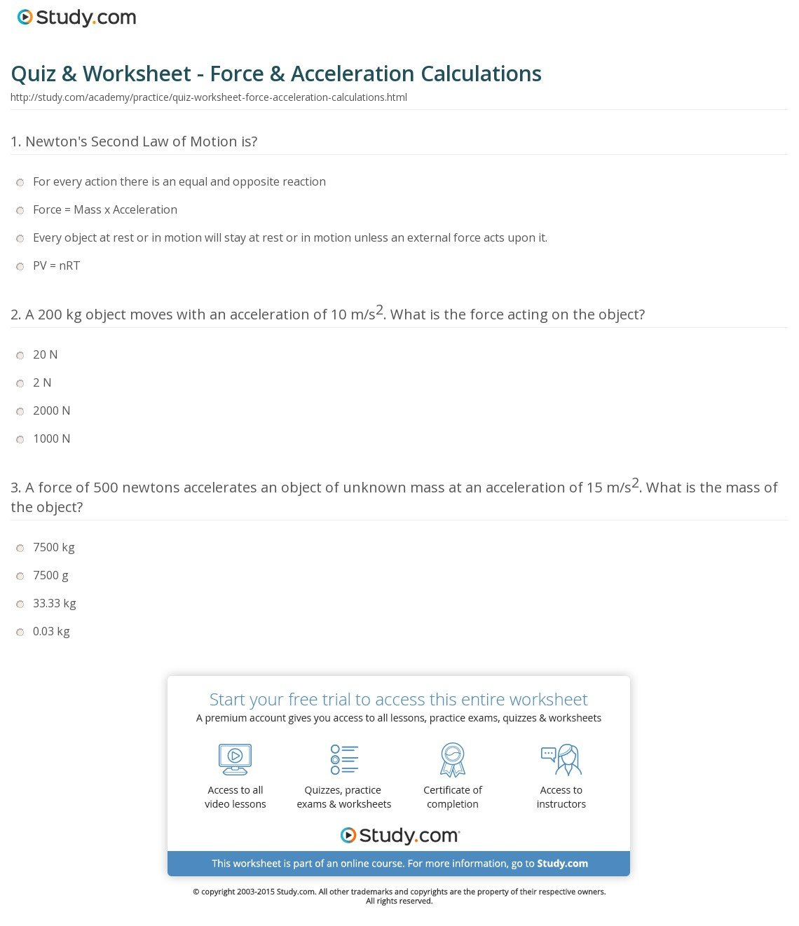 Quiz  Worksheet  Force  Acceleration Calculations  Study And Acceleration Calculations Worksheet