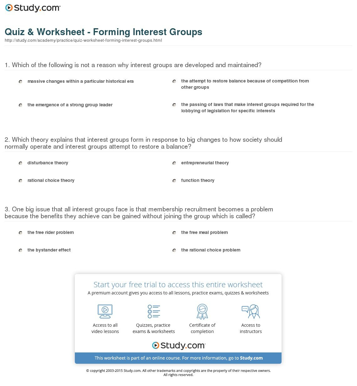 Quiz  Worksheet  Forming Interest Groups  Study Regarding Interest Groups Worksheet Answers