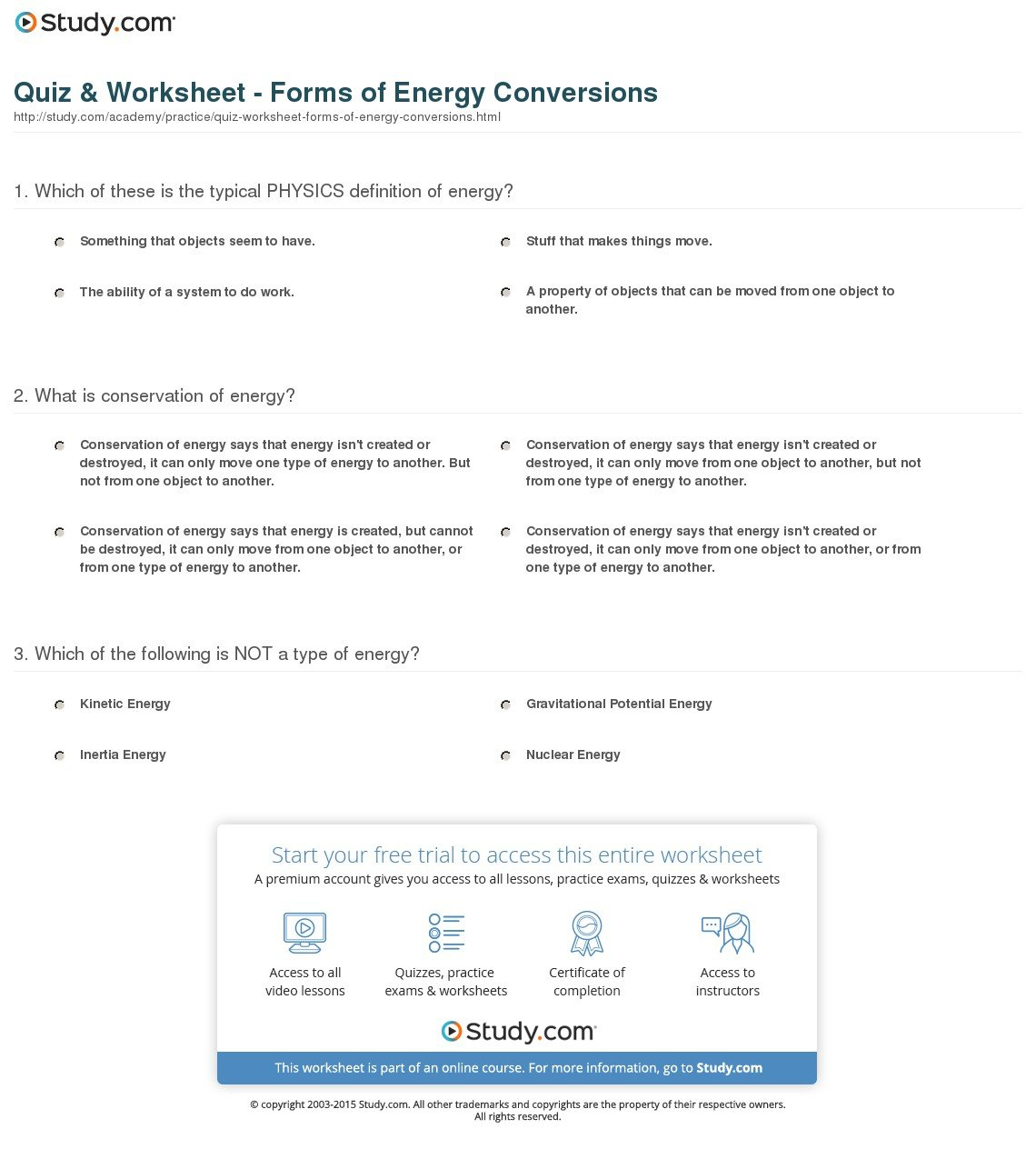 Quiz  Worksheet  Forms Of Energy Conversions  Study Or Energy Conversion Worksheet