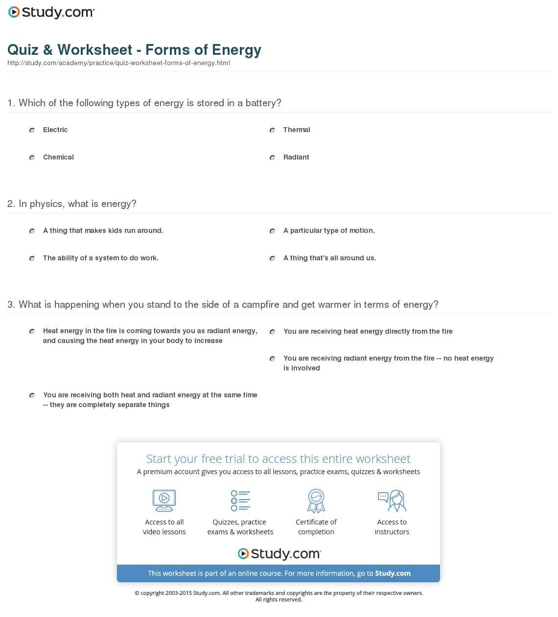 Quiz  Worksheet  Forms Of Energy  Study For Forms Of Energy Worksheet