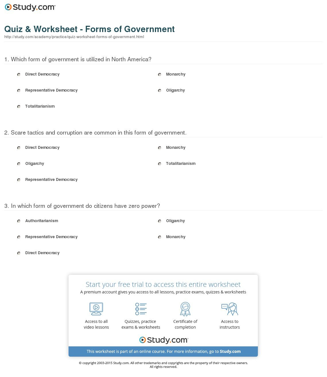 Quiz  Worksheet  Forms Of Government  Study And Two Types Of Democracy Worksheet Answers
