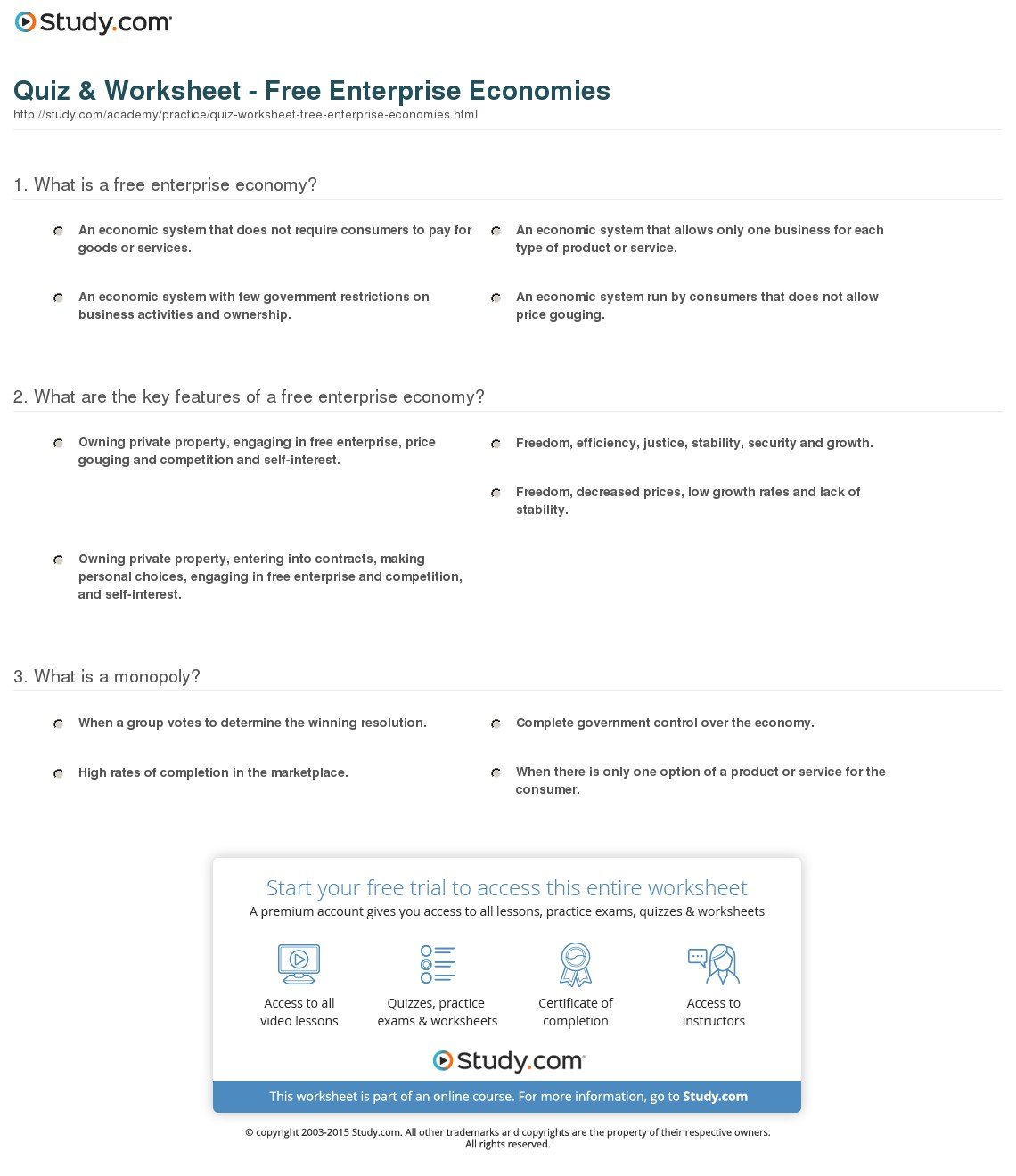 Quiz  Worksheet  Free Enterprise Economies  Study Along With Economic Systems Worksheet Answer Key
