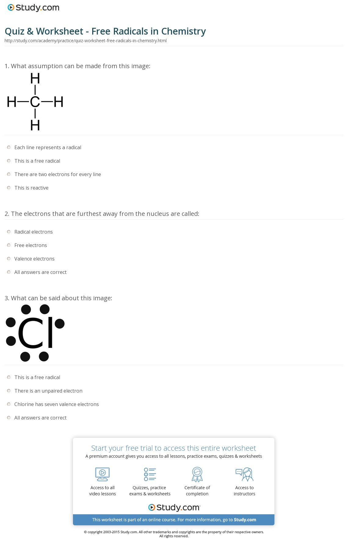 Quiz  Worksheet  Free Radicals In Chemistry  Study Along With Free Chemistry Worksheets