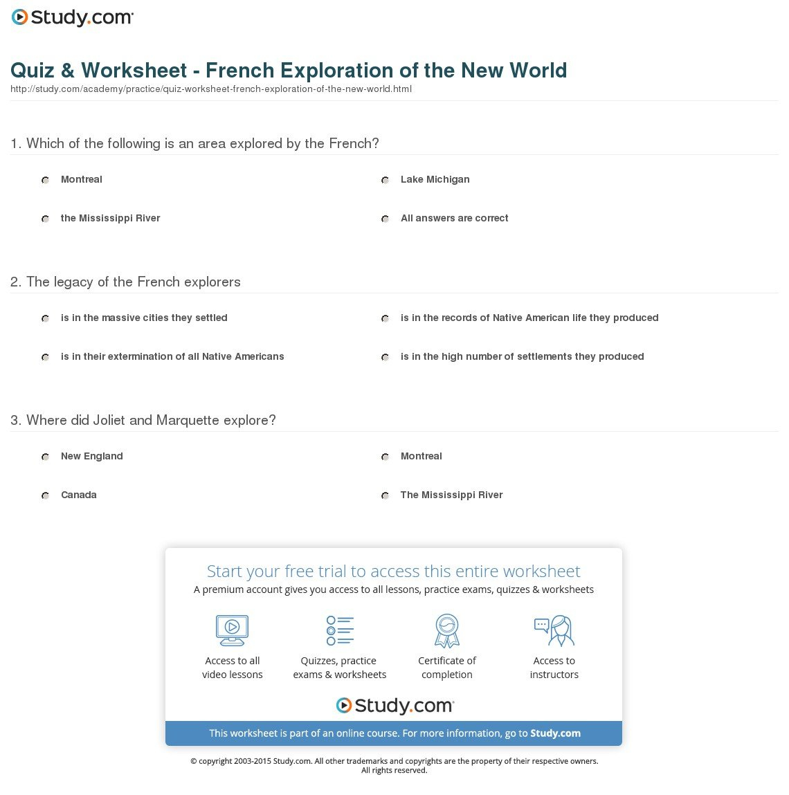 Quiz  Worksheet  French Exploration Of The New World  Study Or Explorers Come To The New World Worksheet Answers