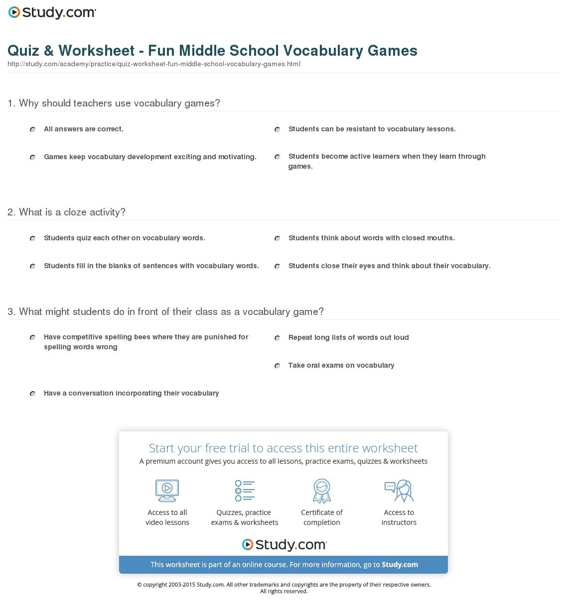 Quiz  Worksheet  Fun Middle School Vocabulary Games  Study Also Fun Worksheets For Middle School