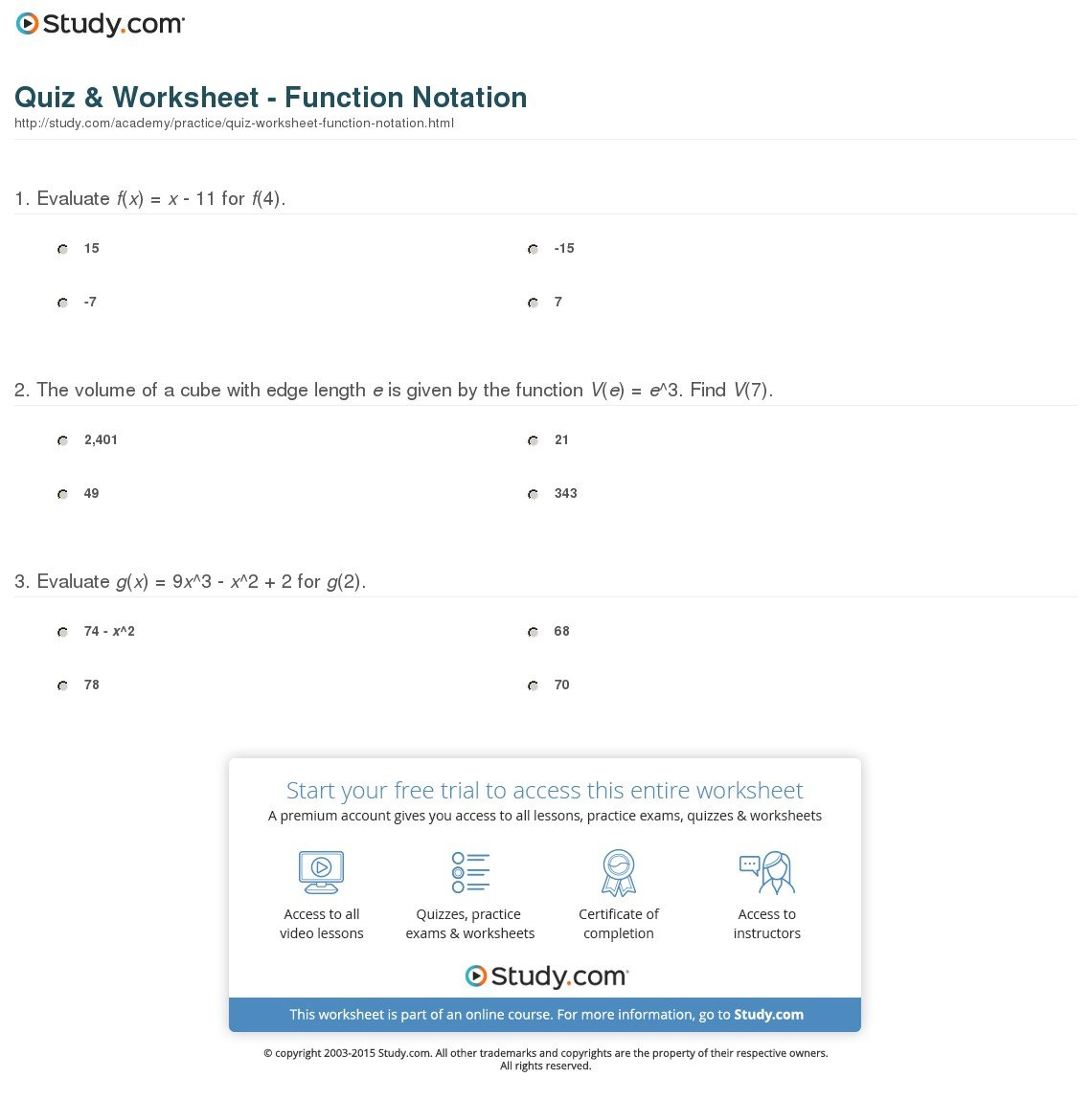 Quiz  Worksheet  Function Notation  Study Regarding Evaluating Functions Worksheet Algebra 2 Answers
