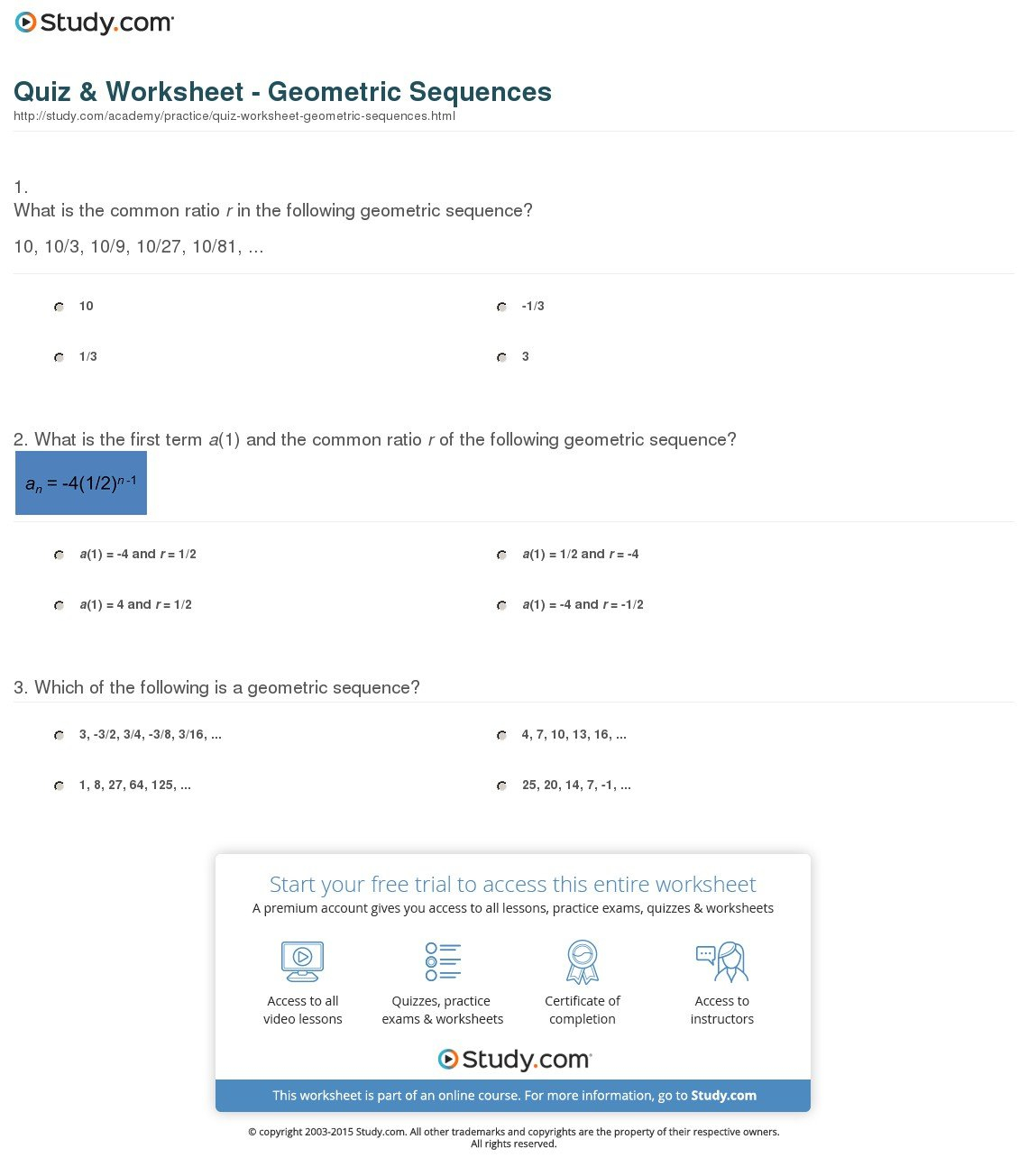 Quiz  Worksheet  Geometric Sequences  Study With Regard To Geometric Sequence Worksheet