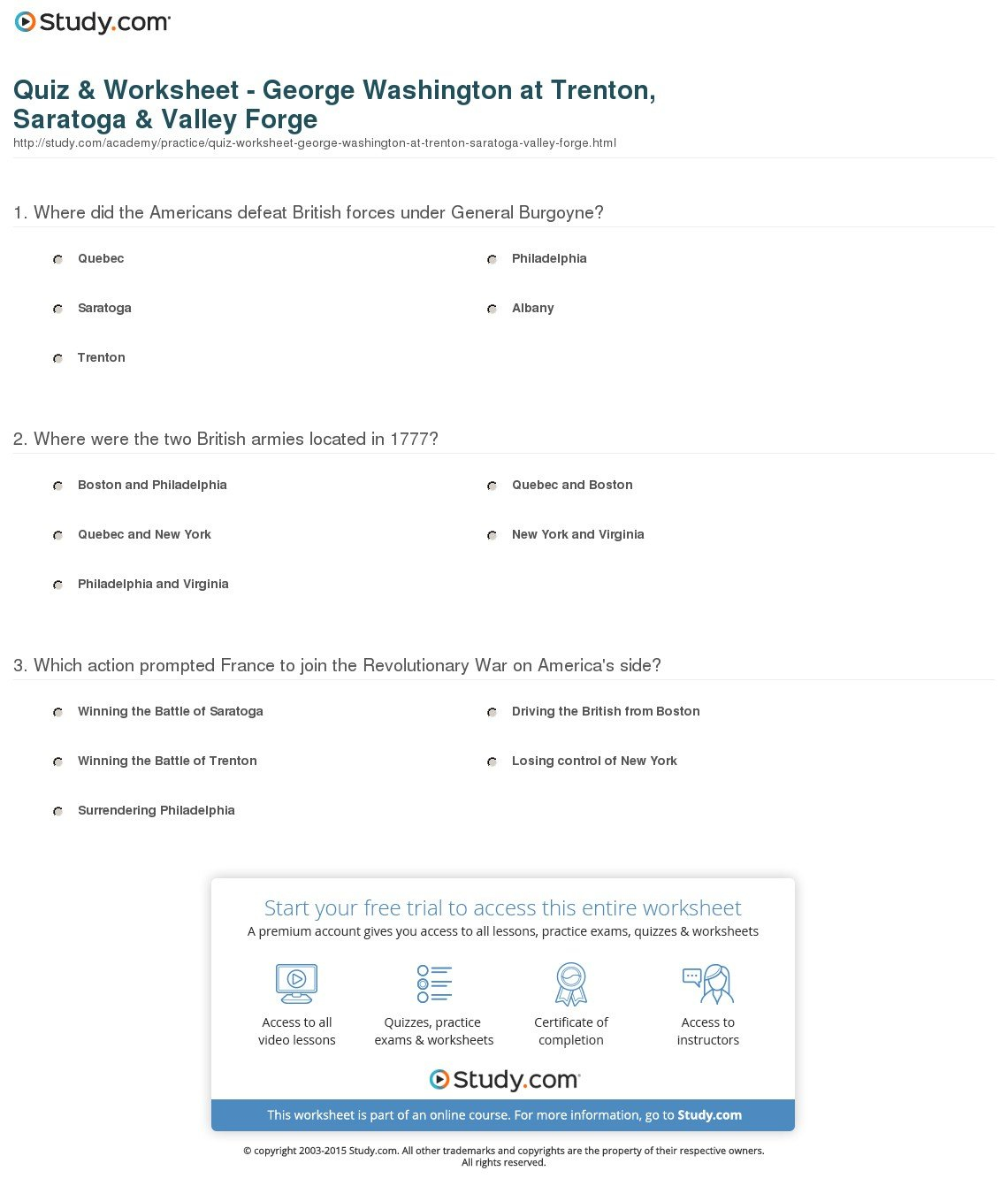 Quiz  Worksheet  George Washington At Trenton Saratoga  Valley Inside Valley Forge Worksheet Pdf
