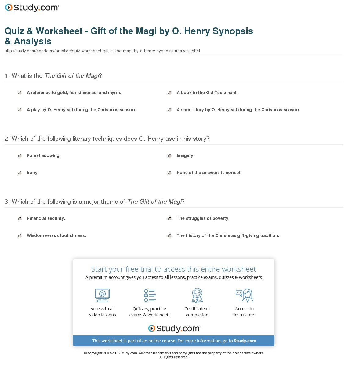 Quiz  Worksheet  Gift Of The Magio Henry Synopsis  Analysis Pertaining To The Gift Of The Magi Worksheet Answer