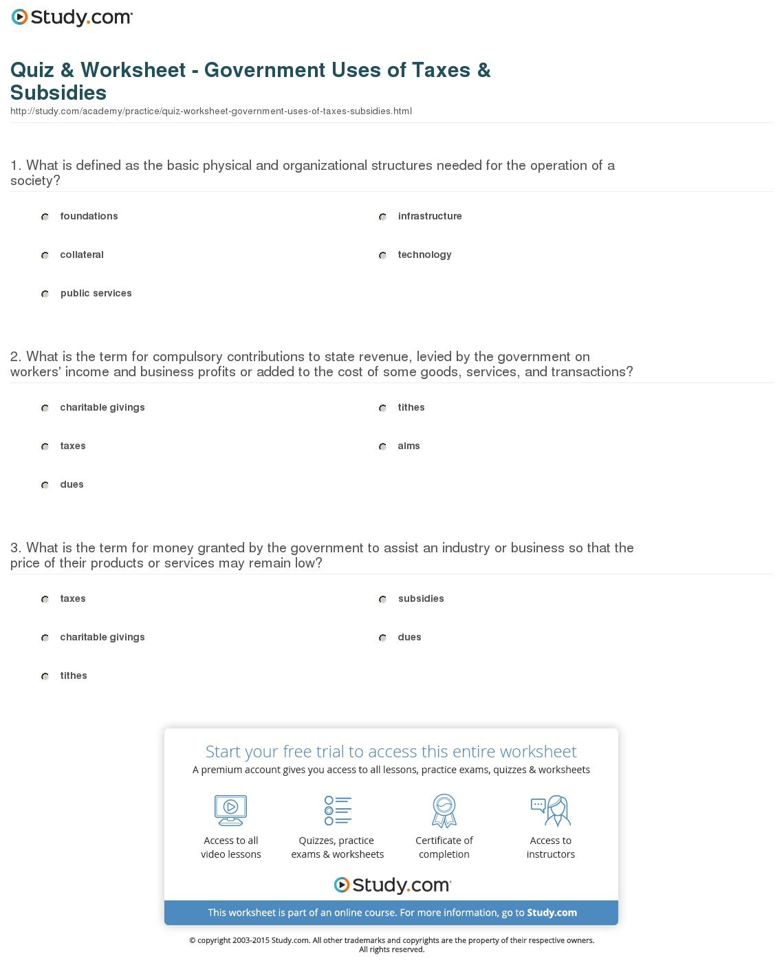 Quiz  Worksheet  Government Uses Of Taxes  Subsidies  Study Throughout Actors Tax Worksheet