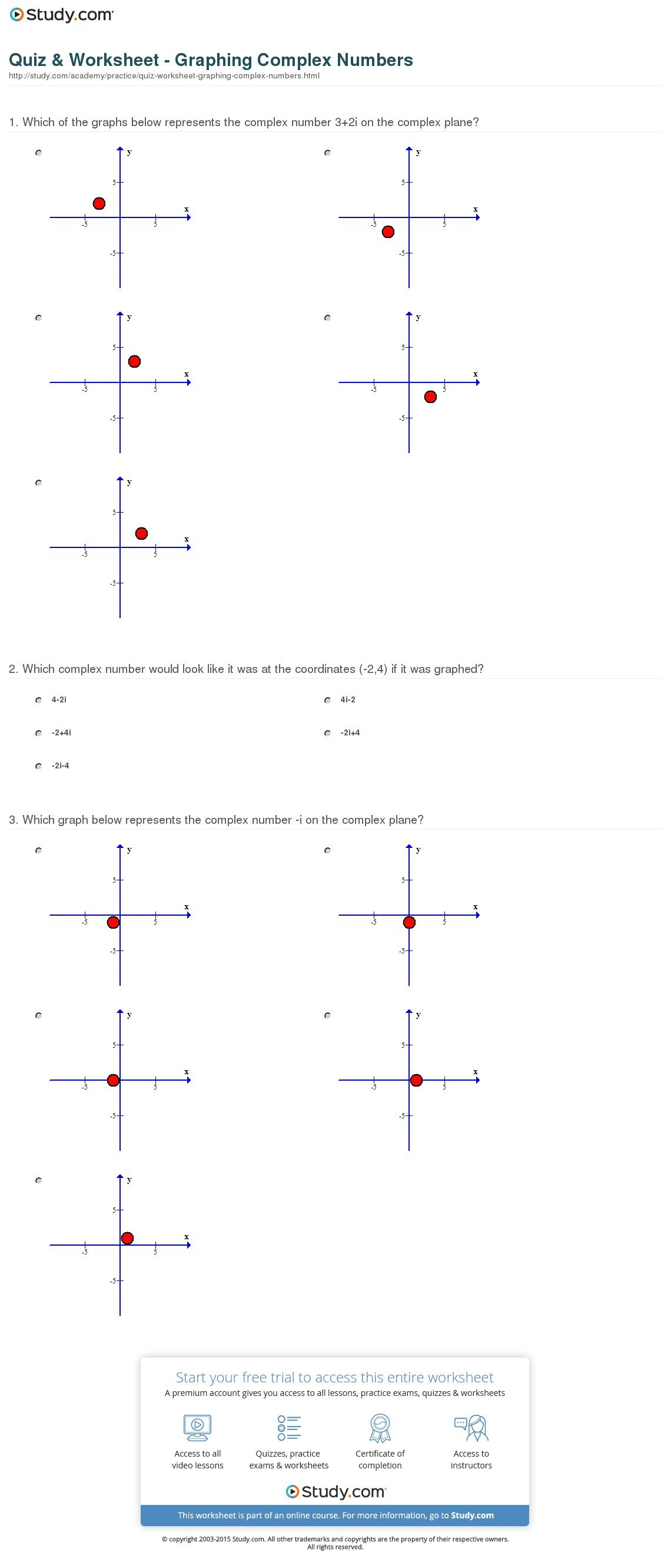Quiz  Worksheet  Graphing Complex Numbers  Study Along With Algebra 3 4 Complex Numbers Worksheet Answers