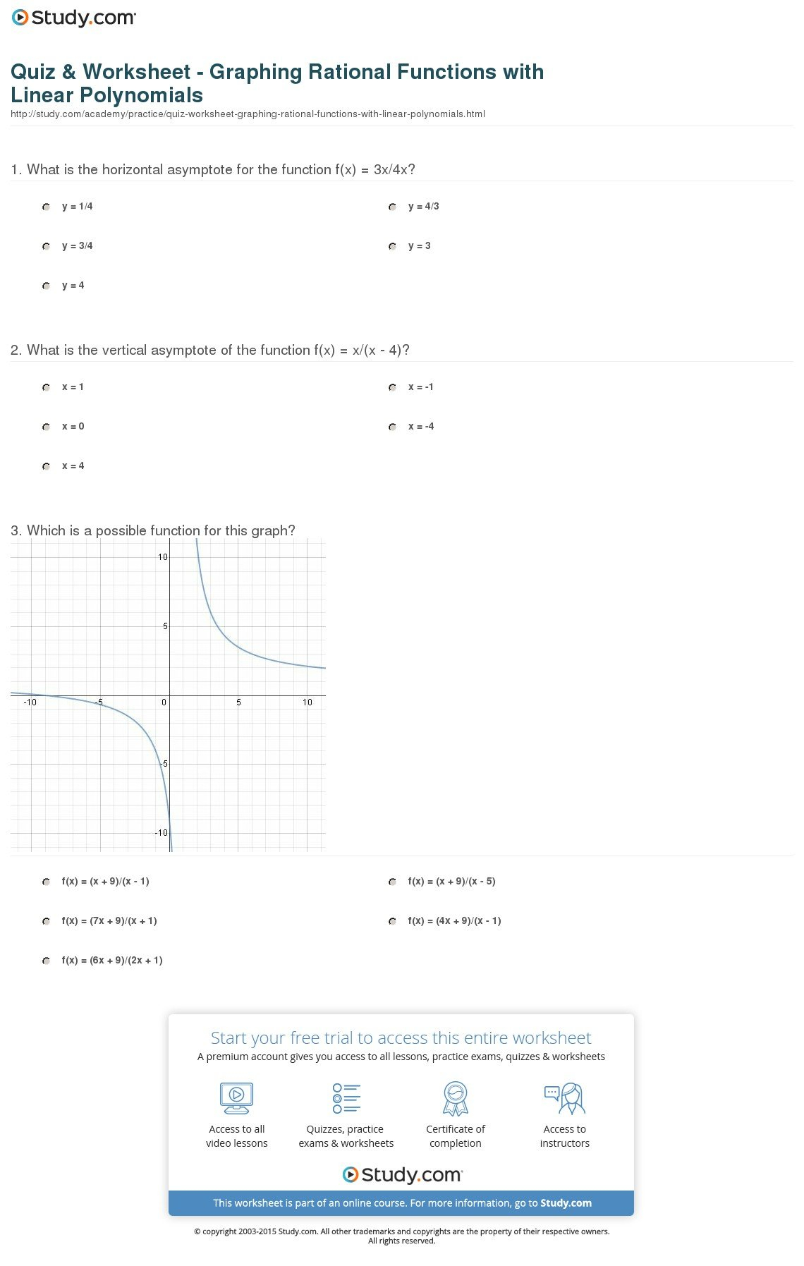 Quiz  Worksheet  Graphing Rational Functions With Linear Throughout Graphing Rational Functions Worksheet Answers