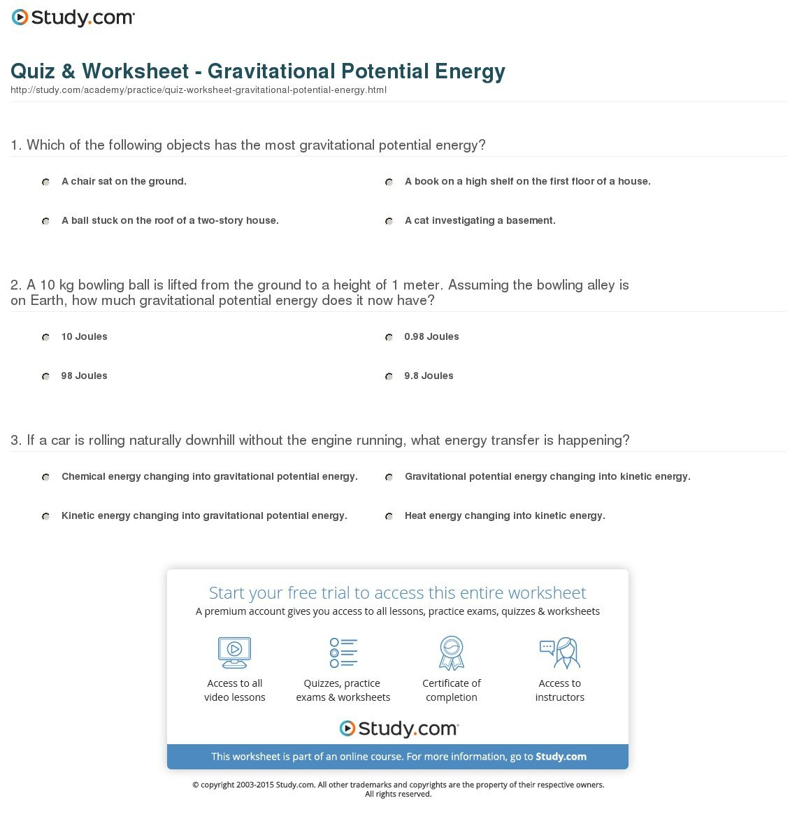 Quiz  Worksheet  Gravitational Potential Energy  Study With Regard To Gravitational Potential Energy And Kinetic Energy Worksheet Answers
