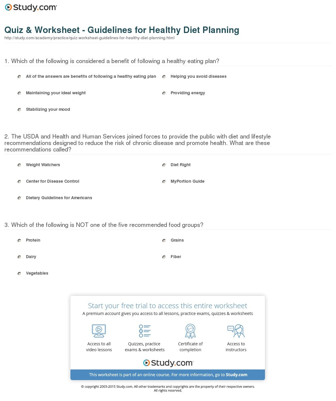 Quiz  Worksheet  Guidelines For Healthy Diet Planning  Study Also Healthy Eating Worksheets