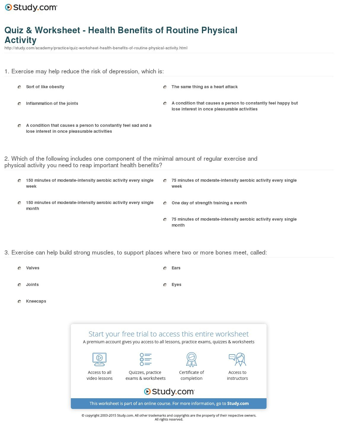 Quiz  Worksheet  Health Benefits Of Routine Physical Activity In Health And Wellness Worksheets
