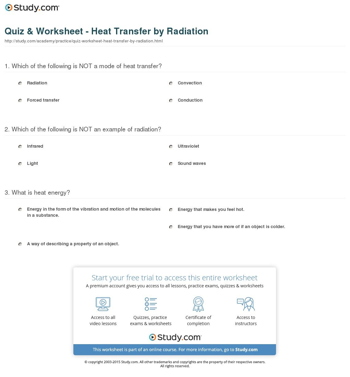 Quiz  Worksheet  Heat Transferradiation  Study For Heat Transfer Worksheet