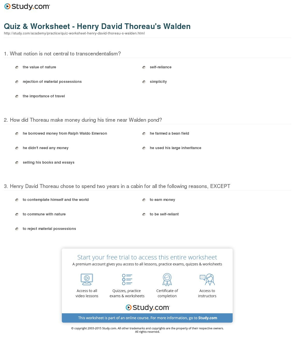 Quiz  Worksheet  Henry David Thoreau's Walden  Study Also Walden Worksheet Answers