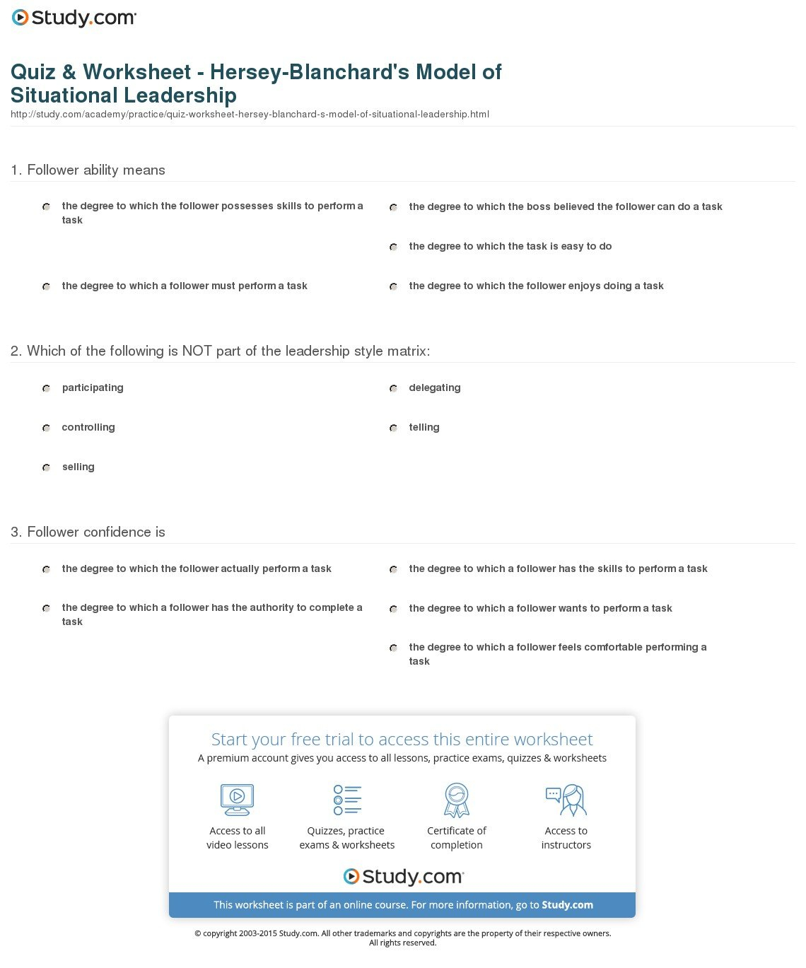 Quiz  Worksheet  Herseyblanchard's Model Of Situational Pertaining To Situational Leadership Worksheet