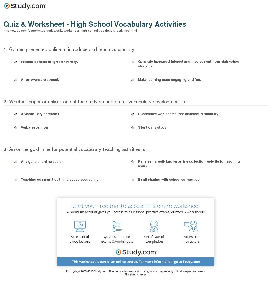 Quiz  Worksheet  High School Vocabulary Activities  Study Within High School Vocabulary Worksheets