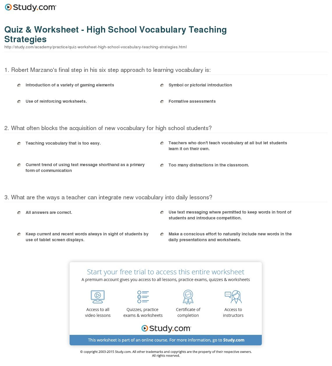 Quiz  Worksheet  High School Vocabulary Teaching Strategies Pertaining To High School Vocabulary Worksheets