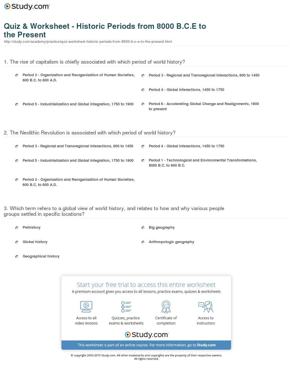 Quiz  Worksheet  Historic Periods From 8000 Bce To The Present In Ap World History Worksheet Answers