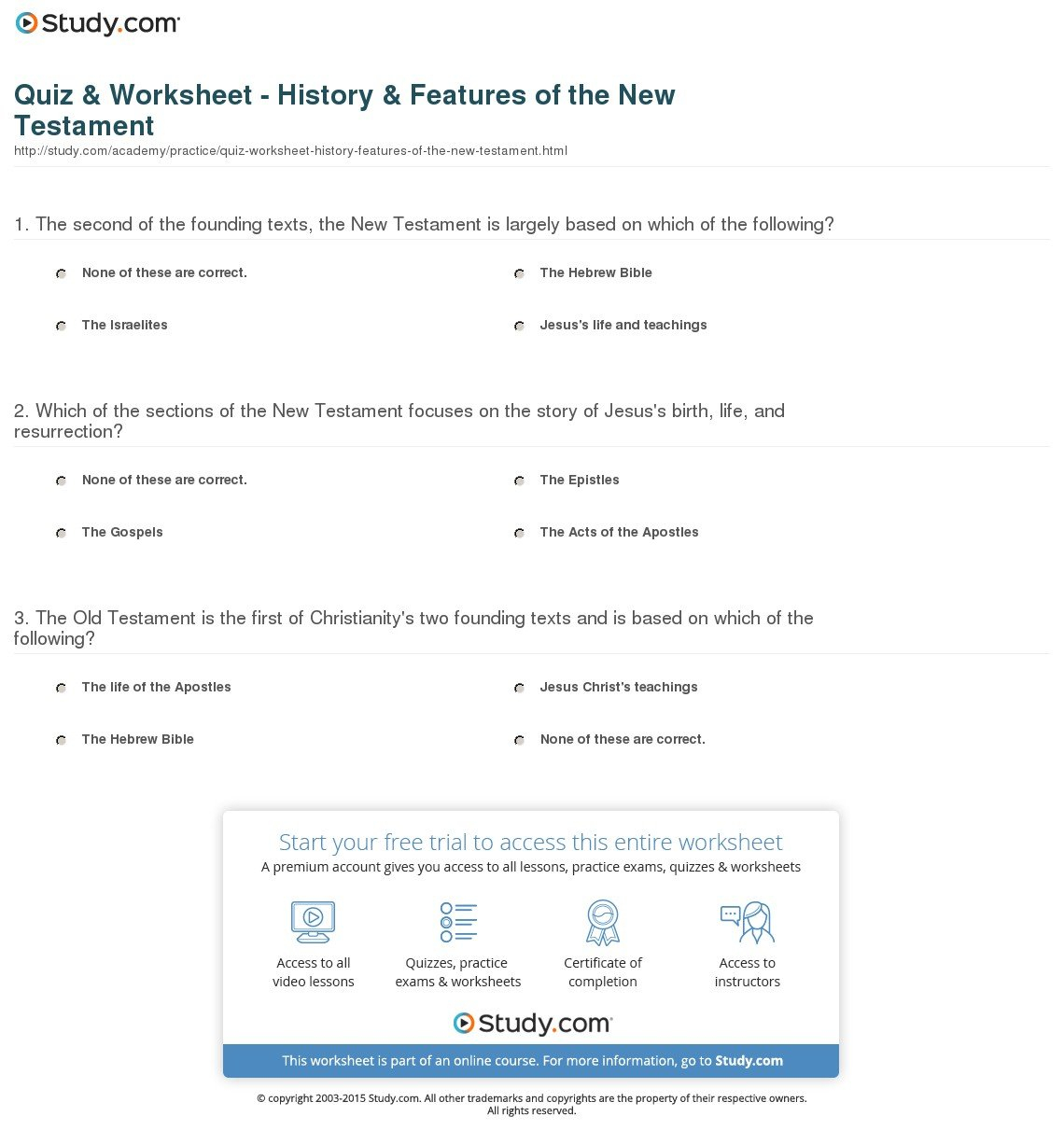 Quiz  Worksheet  History  Features Of The New Testament  Study And Seven Sacraments Worksheet