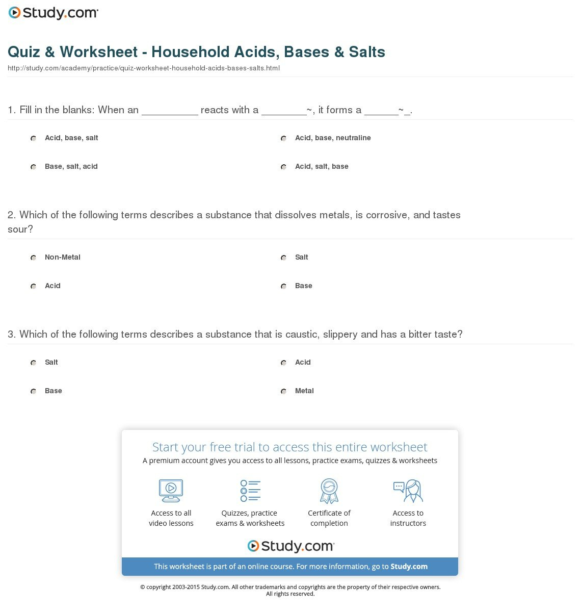Quiz  Worksheet  Household Acids Bases  Salts  Study Or Acids And Bases Worksheet Answers