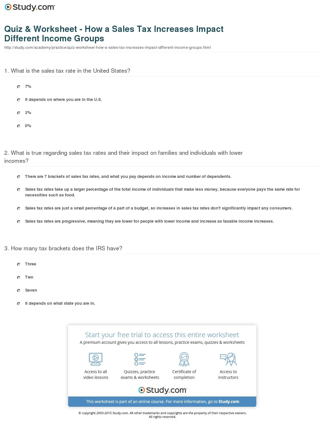 Quiz  Worksheet  How A Sales Tax Increases Impact Different Income Throughout Sales Tax Worksheet