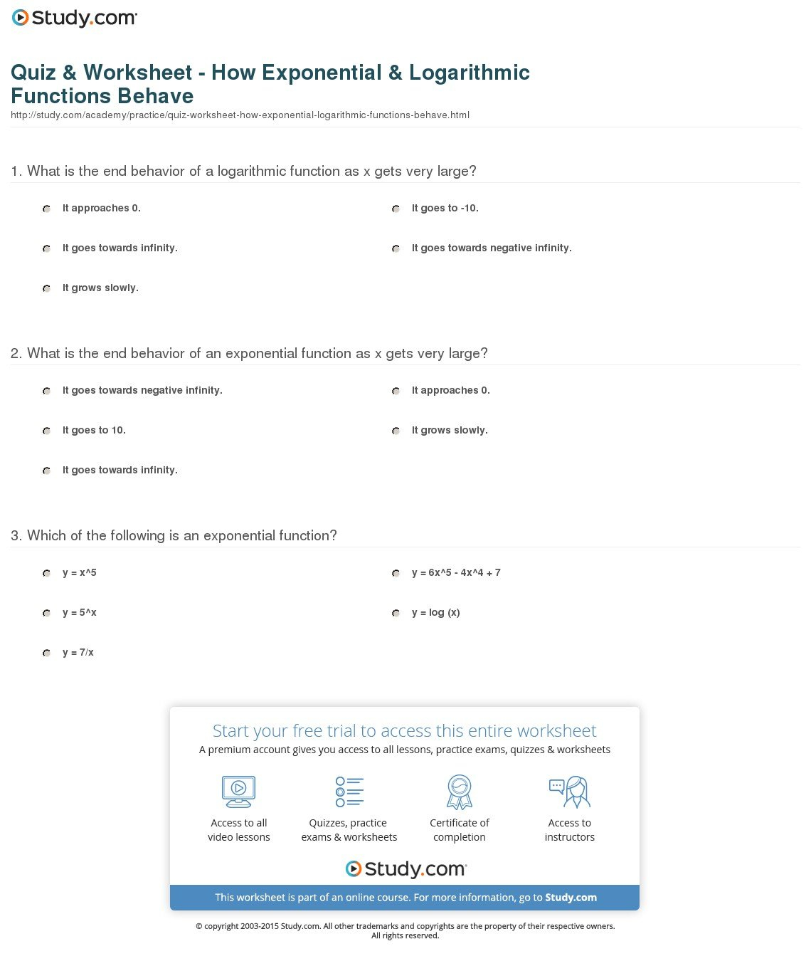 Quiz  Worksheet  How Exponential  Logarithmic Functions Behave Pertaining To Exponential And Logarithmic Functions Worksheet With Answers