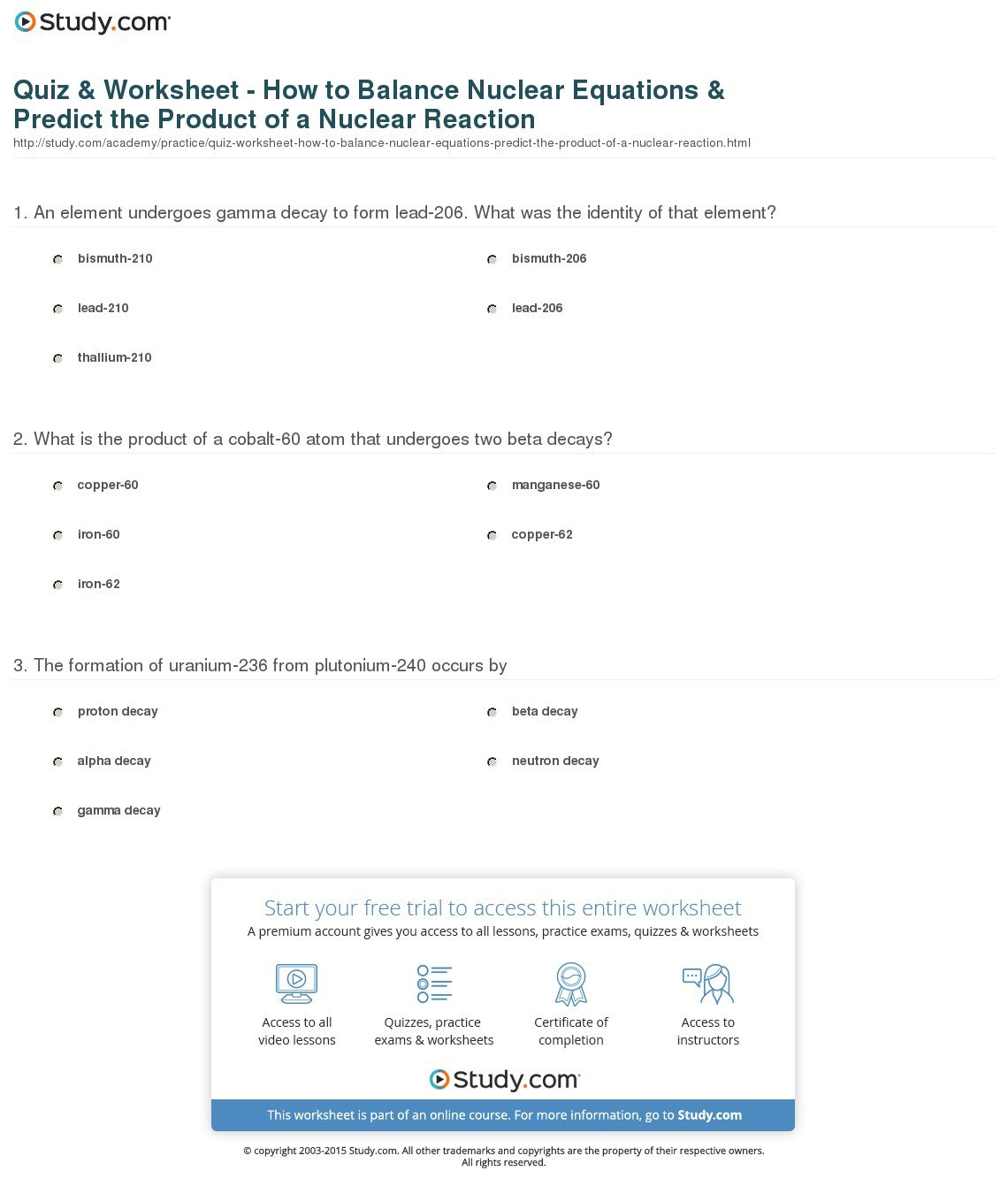 Quiz  Worksheet  How To Balance Nuclear Equations  Predict The With Balancing Nuclear Reactions Worksheet
