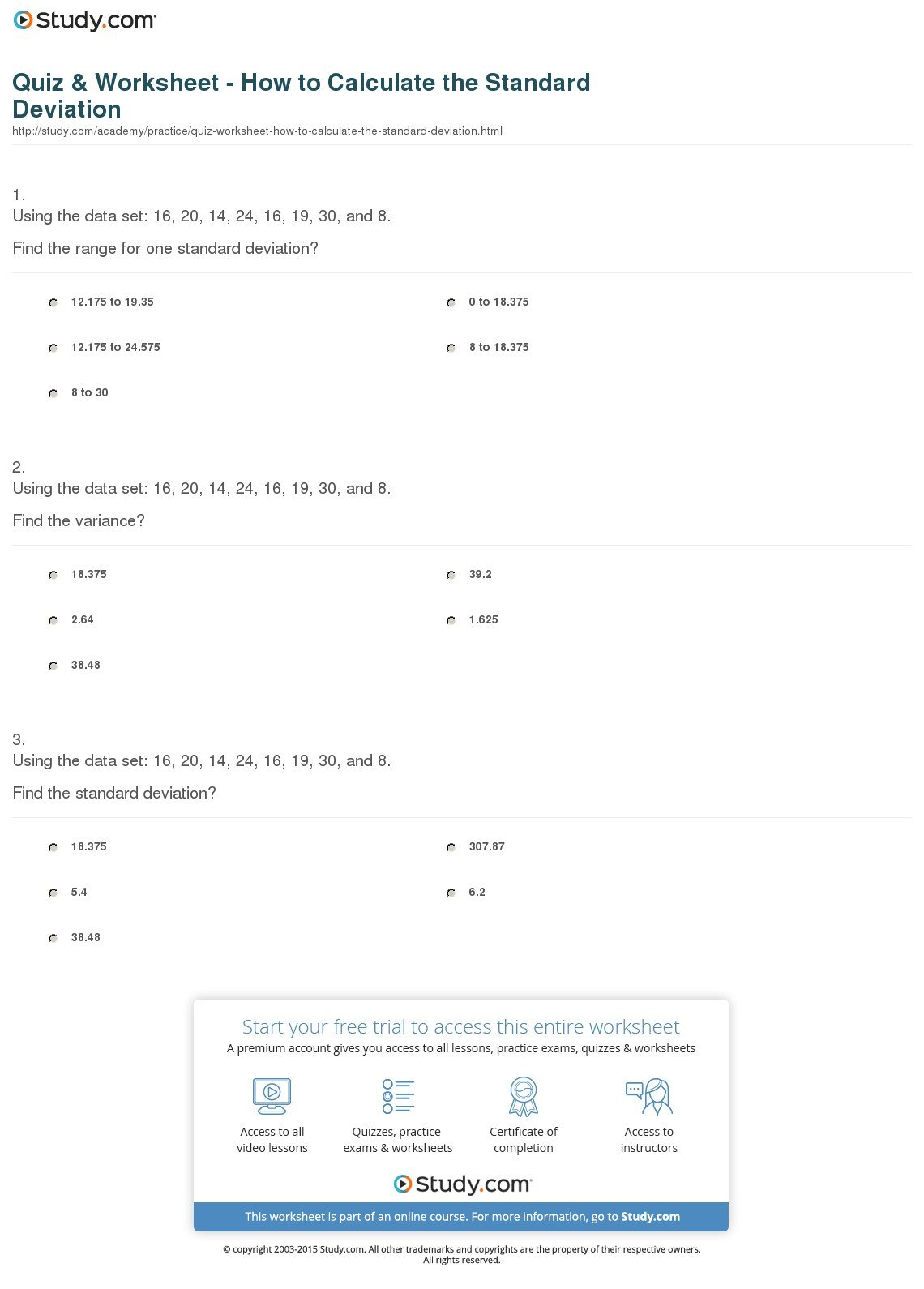 Quiz  Worksheet  How To Calculate The Standard Deviation  Study Together With Standard Deviation Worksheet Answers