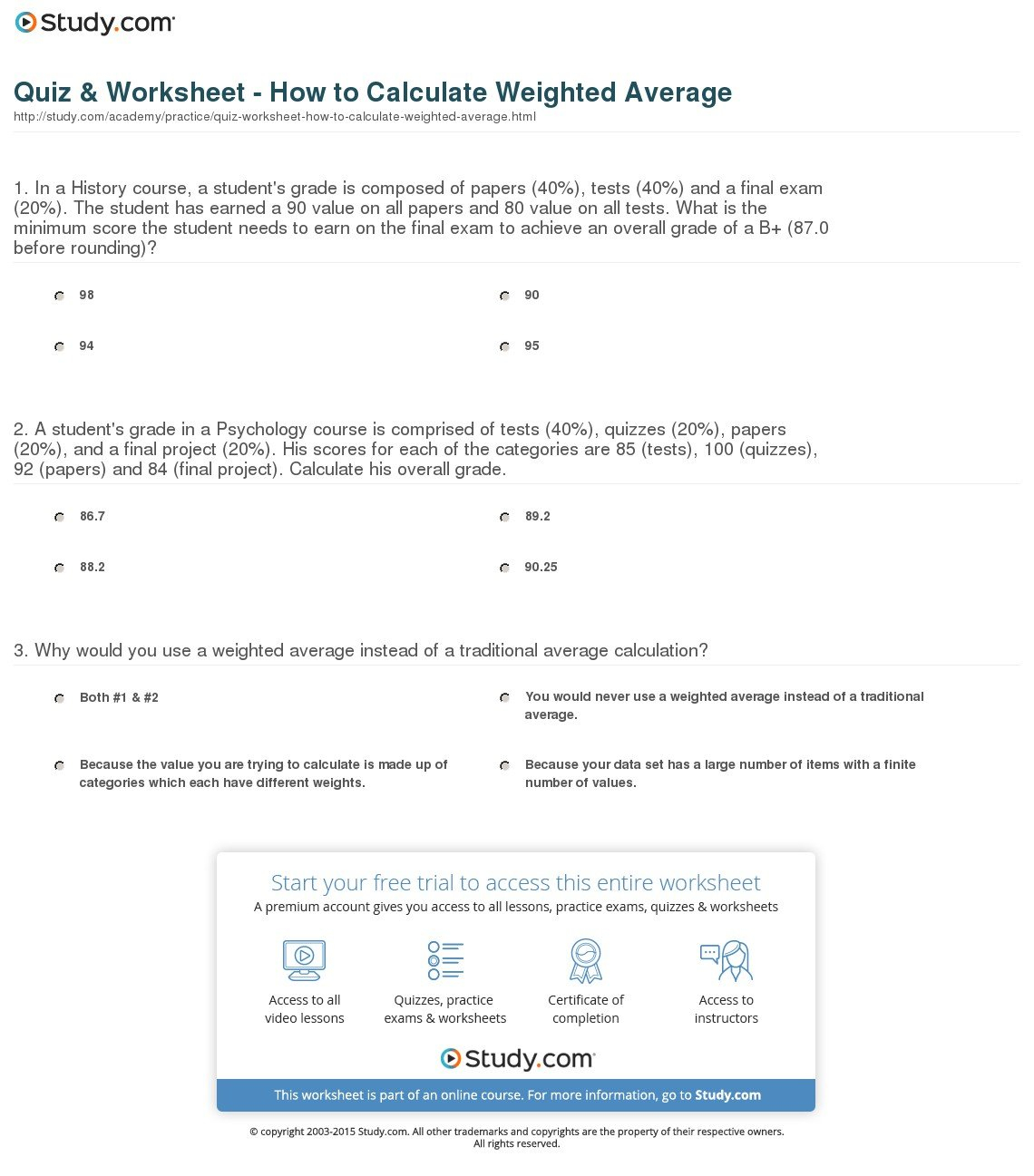 Quiz  Worksheet  How To Calculate Weighted Average  Study Inside Finding Averages Worksheet