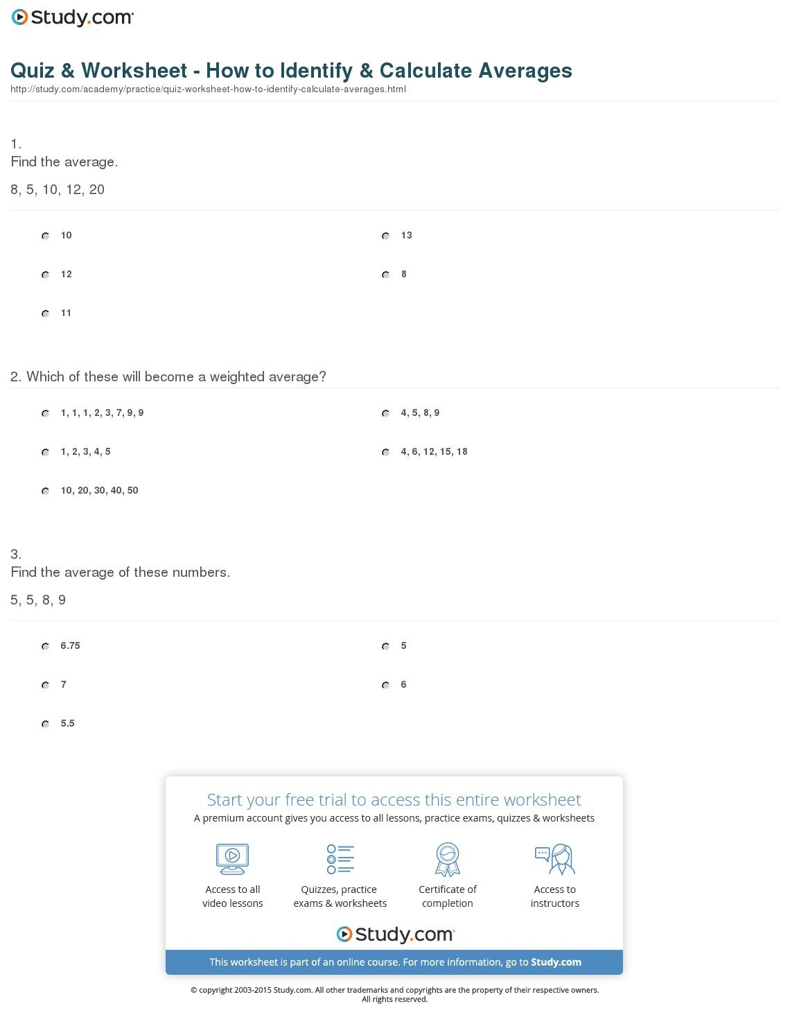 Quiz  Worksheet  How To Identify  Calculate Averages  Study Together With Finding Averages Worksheet