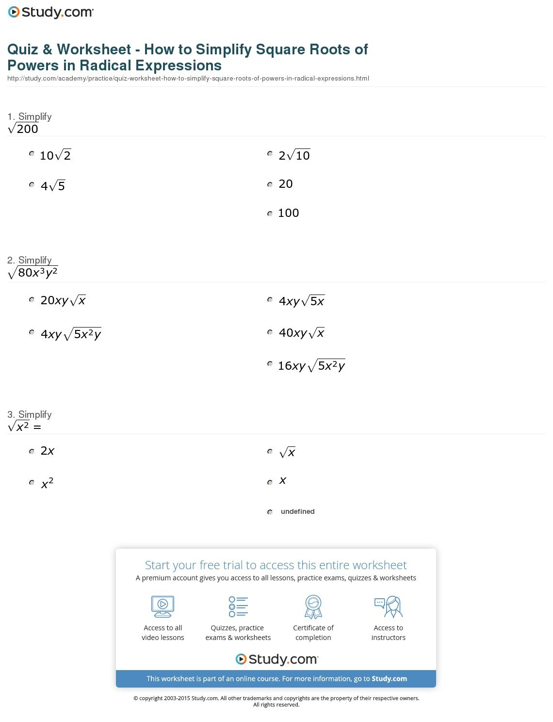 Quiz  Worksheet  How To Simplify Square Roots Of Powers In Radical And Simplifying Radicals Worksheet With Answers